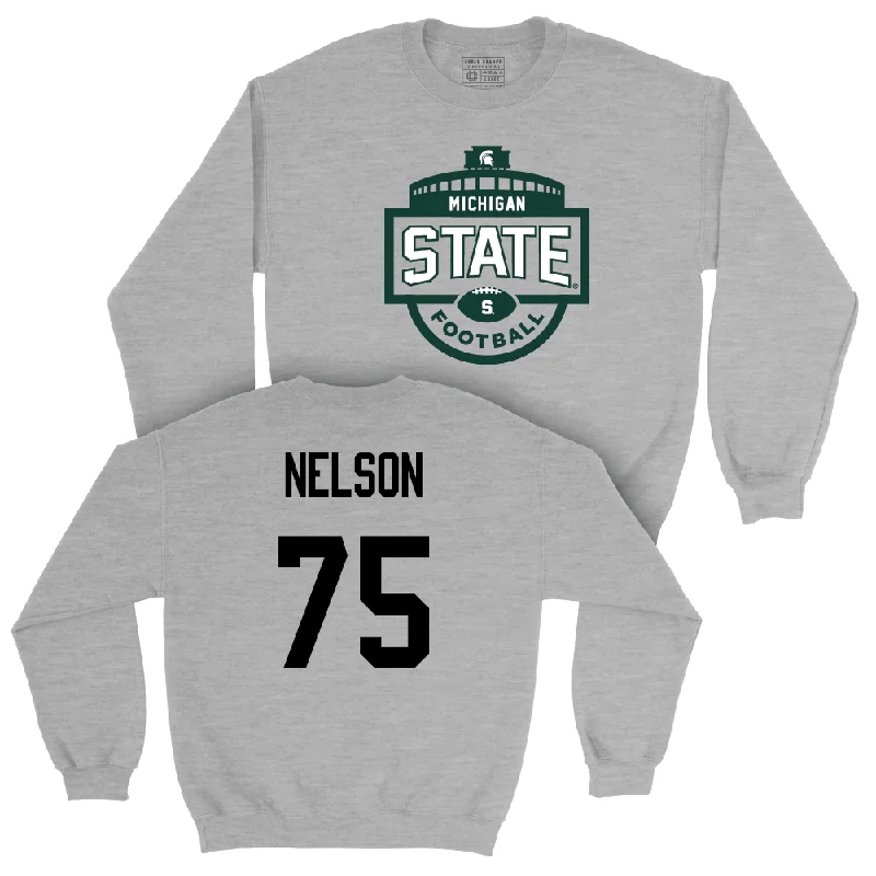 Long Sleeve With Distressed Look-Sport Grey Football Stadium Crewneck  - Ben Nelson