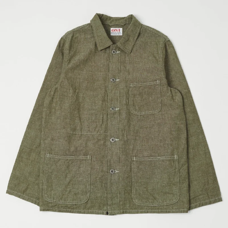 Jackets With Classic Cut-ONI 03101-HCKOL 8.3oz Heavy Chambray Coverall Jacket - Khaki Olive One Wash