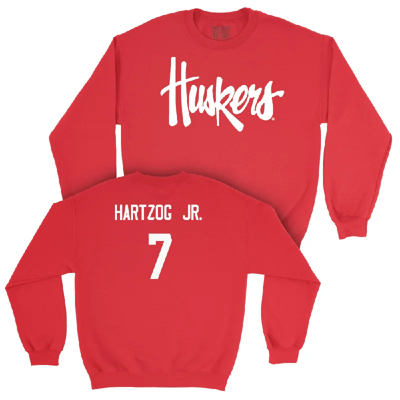 Long Sleeve With Text And Logos-Red Football Huskers Crew - Malcolm Hartzog Jr | #7