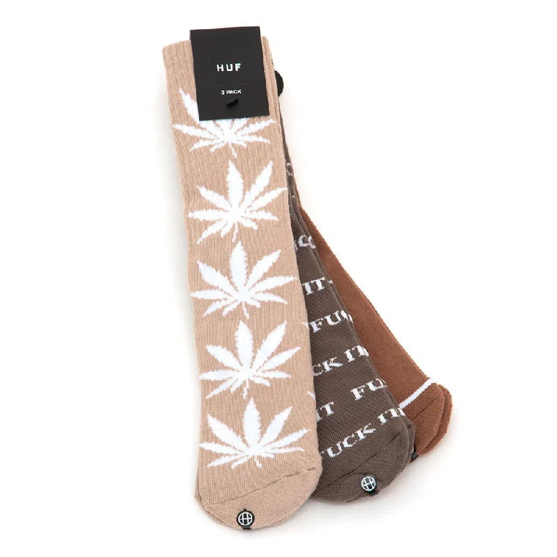 Sock With Personalized Style-HUF Variety 3 Pack Crew Sock (Brown)