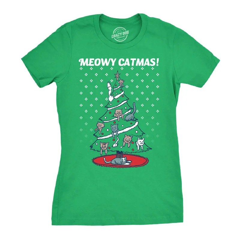 T-Shirt With Design-Meowy Christmas Cat Tree Ugly Christmas Sweater Women's T Shirt