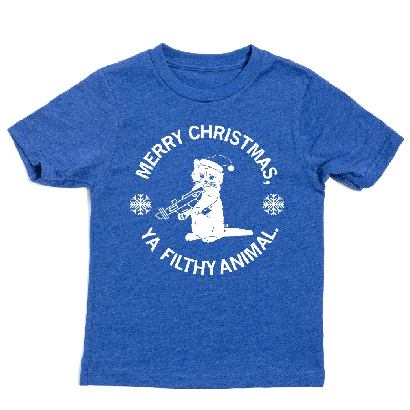 T-Shirt With Bold Print-Merry Christmas Ya Filthy Animal Blue Kids