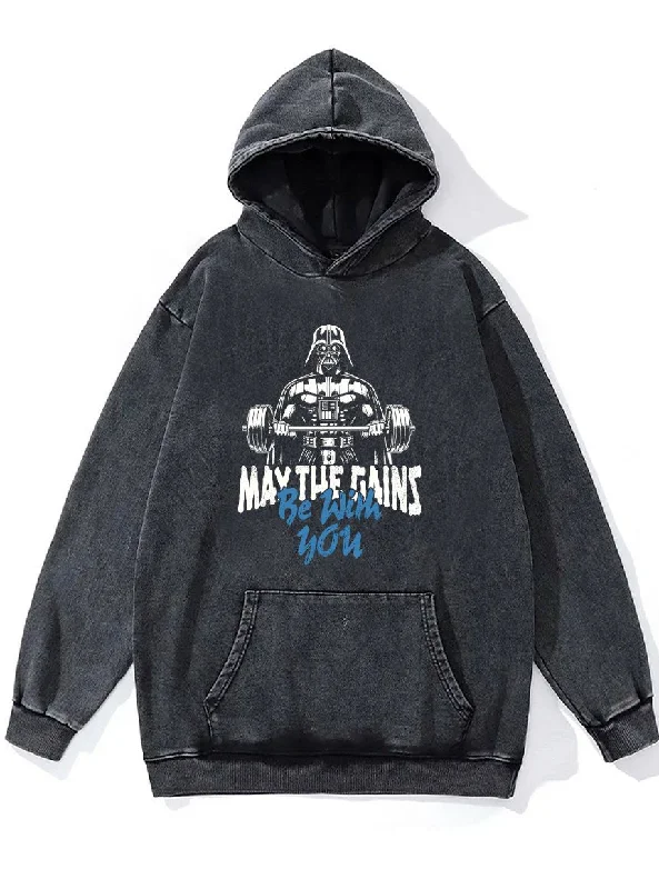 Hoodie With Customized Embroidery-MAY THE GAINS BE WITH YOU Washed Gym Hoodie