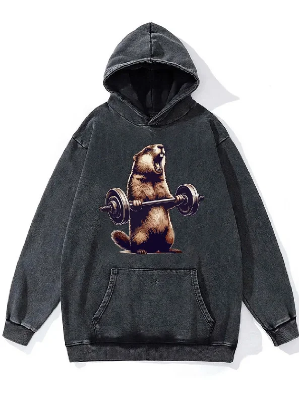 Hoodie For Fashion Forward Style-barbell wieghtlifting groundhog Washed Gym Hoodie