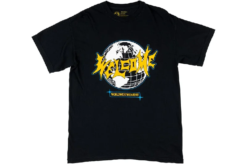 T-Shirt With Outdoor Adventure Designs-Welcome Mister Worldwide Garment Dyed Black Tee