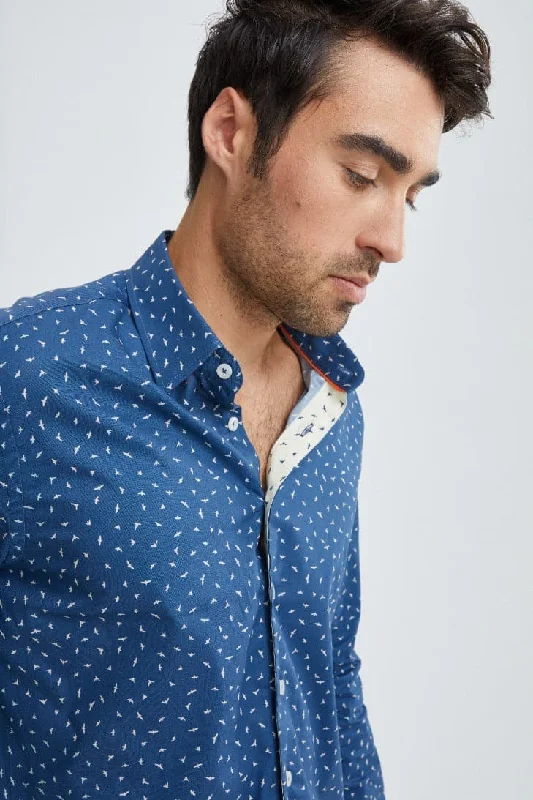 T-Shirt For Comic Con-Navy Woven Bird Print Shirt